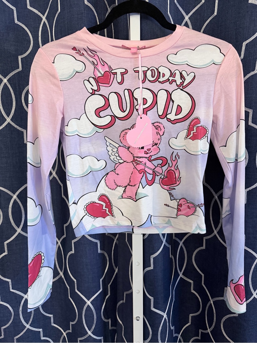 Sugar Thrillz 'Not Today Cupid' Long-Sleeve Crop Tee H2 - Picture 4 of 4